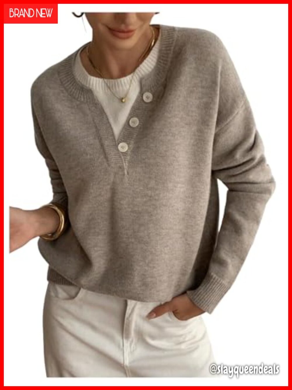 Oversized Henley Pullover Sweater Button Front Long Sleeve Business Casual